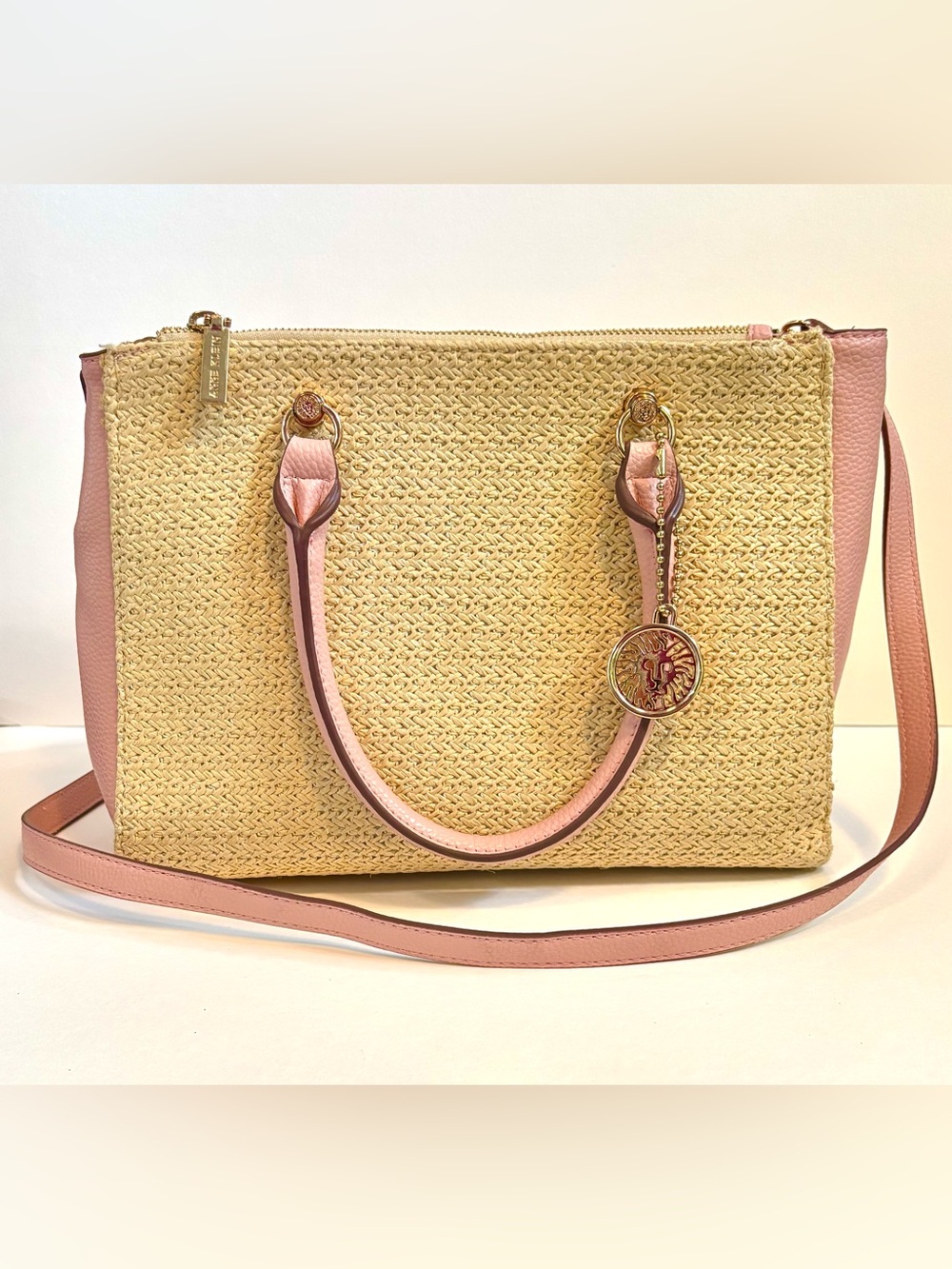 Anne Klein Marley Pink Straw Raffia Leather Tote Crossbody